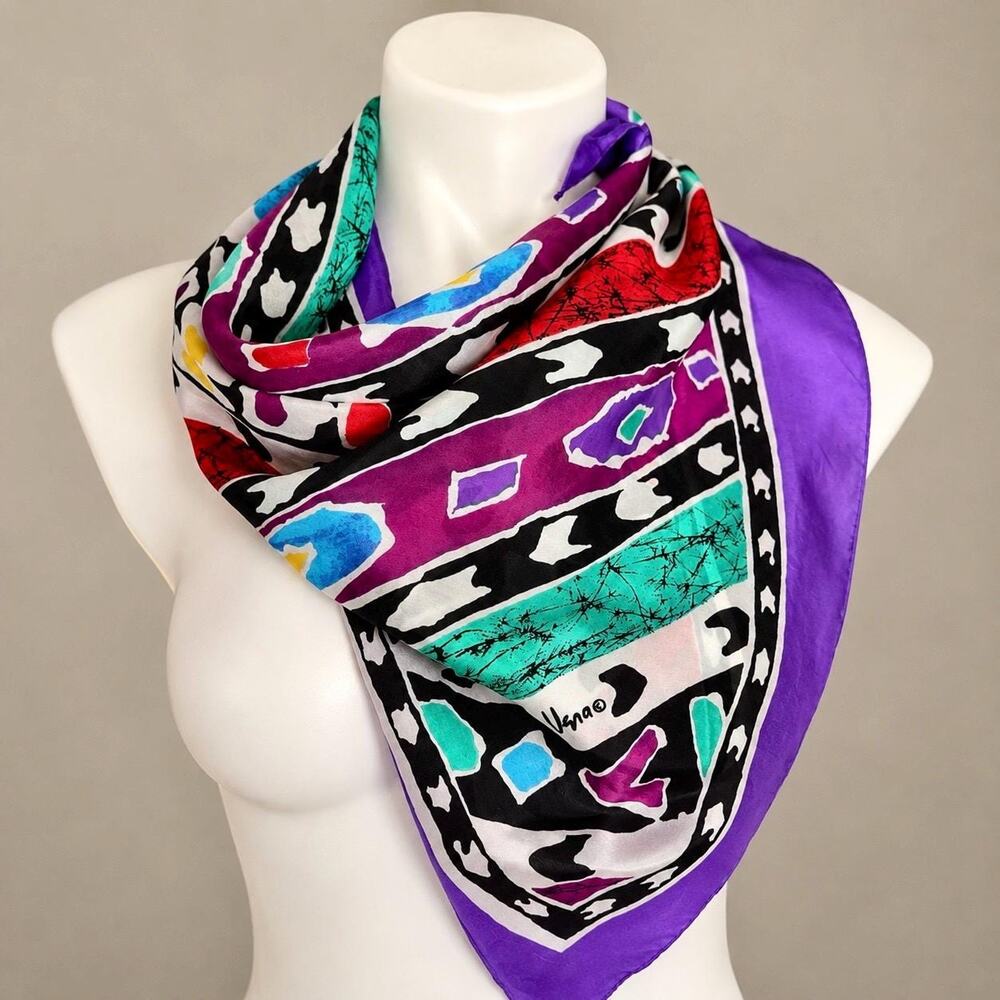 Vintage Vera Neumann Silk Scarf Purple Geometric Abstract Square 28”